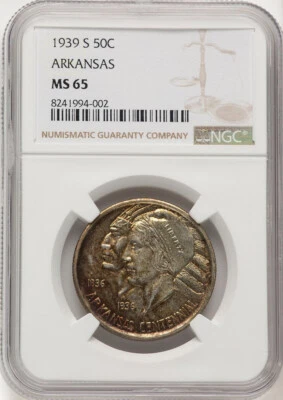 1939 S 50c Commemorative Half Dollar Arkansas NGC MS 65 (DFC) - Image 1 of 4