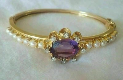 Brazalete brazalete vintage de amatista creado en laboratorio enchapado en oro amarillo de 14K para mujer Foto 1 de 4