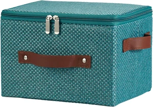 Storage Bins with Lid Fabric Storage Box Basket PU Leather Handle Textured Woven - Picture 1 of 8