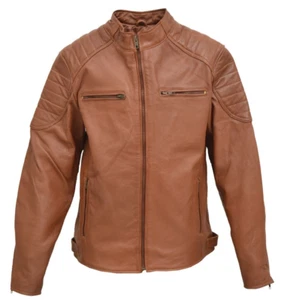 Men Real Leather Jacket Biker Style Retro Waxed Soft Padded Lamb Leather Jacket - Picture 1 of 2