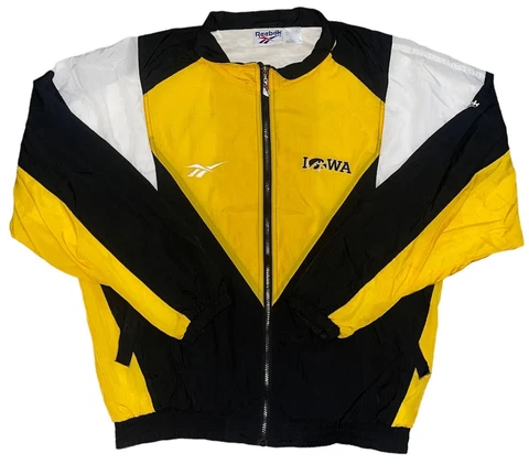 Vintage 90's Men's REEBOK Black Yellow IOWA HAWKEYES Full Zip Up Nylon Jacket L Cover