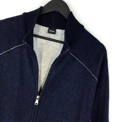 Men's HUGO BOSS Wool Jumper High Neck Full Zip Navy Blue Pullover Jacket Size XL - Image 1 of 4