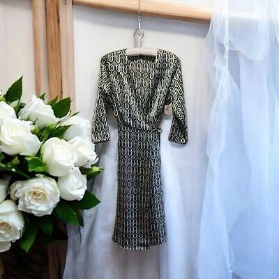 Vestido envolvente Alfani para mujer talla 8 verde negro estampado geométrico satinado 3/4 Slv nuevo Foto 1 de 4