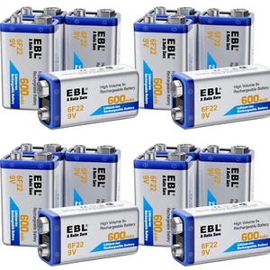 EBL 9V Rechargeable Batteries 9 Volt Lithium ion 600mAh Li-ion Batteries lot - Picture 1 of 27