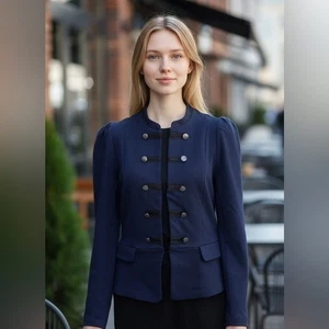 Neu ohne Etikett Express schicke marineblaue Jacke im Militärstil - Puffärmel Blazer Stretch Large - Bild 1 von 7