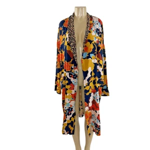 Free People Wild Nights Duster Size L Colorful Floral Leopard Print Boho Kimono - Picture 1 of 9