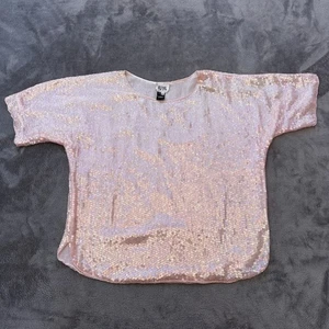 Royal Shirt Womens 2XL Pink Sequin Silk Sheer Beaded Short Sleeve Top Party - Picture 1 of 11