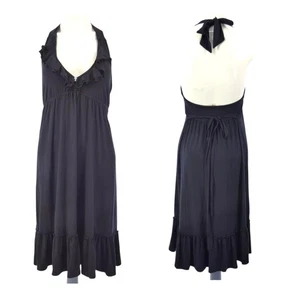 Ella Moss Dress Backless Midi Black Halter Neck Frill Hem Jersey Ruffle size M - Picture 1 of 24