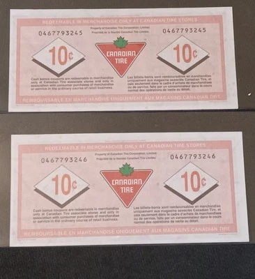 Dinero canadiense para neumáticos SUPER RARO DIFÍCIL ENCONTRAR - 10¢ billetes DOS billetes consecutivos AU  Foto 1 de 4