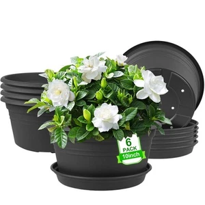6 Pack 10 inch Plant Pot, Round Plastic Plant Pots, Outdoor Pots for Plants w... - Picture 1 of 7