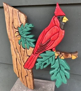 Hand Carved Wooden Red Cardinal on Driftwood - Picture 1 of 9