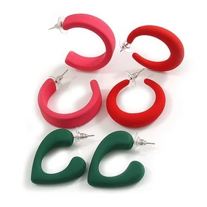 Deep Pink/Dark Green/Red Matte Acrylic Hoop Earrings - Set of 3 Pairs - Picture 1 of 6