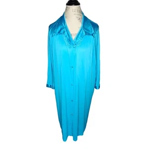 Vintage Vanity Fair Robe Women XL Blue Button Up 3/4 Sl Nylon Satin Knee Length - Picture 1 of 8