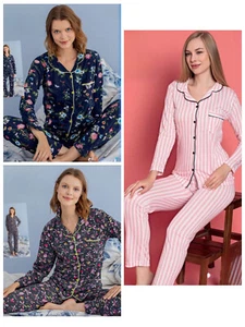 Damen Pyjama Schlafanzug Lang mit Knöpfen 2 Teiler S-80 - Bild 1 von 10