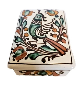 Keramik Schmuckschatulle Portugal Künstler signiert Vogel & Blumenmotiv Talavera 4" x 3" - Bild 1 von 7