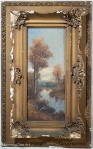 Antique Oil Painting River Landscape w/ Low Mountains, Signed in Original Frame! - Picture 1 of 9