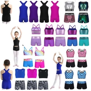 Girls Yoga Gymnastics Ballet Dance Outfit Crop Tank Top+Booty Shorts Set 2Pcs - Picture 1 of 79