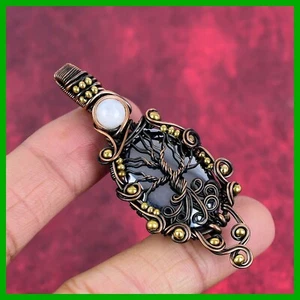 Shungite Gemstone Rainbow Moonstone Copper New Wire Wrapped Tree Of Life Pendant - Picture 1 of 6