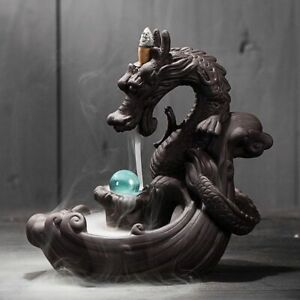Dragon Ceramic Backflow Incense Burner Smoke Waterfall Censer Crystal Ball Decor