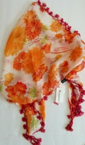 Banjara Scarf Orange Floral Beaded Edge Shawl Headscarf Made in India  - Picture 1 of 6