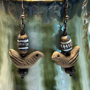 Copper Tone French Hook Terracotta Bird & Sculpted Beaded Dangle Earrings. S926 - Picture 1 of 3