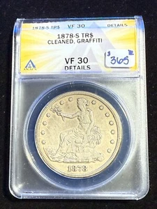 1878 S TRADE DOLLAR ANACS VF 30 DETAILS CLEANED GRAFFITI - Picture 1 of 4