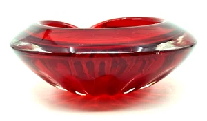 Vintage MURANO Art Glass ASHTRAY Ribbed Edge MCM Red & Crystal TRINKET Dish 60s - Picture 1 of 9