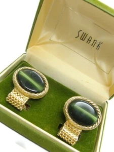 Swank Cufflinks Mesh Set Green Cabochon Gold Tone Wedding Tux Vintage IOB - Picture 1 of 15