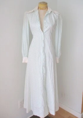 Vtg 70s white blue polka dot sheeting cotton maxi full sweep festival dress XS - Image 1 of 4