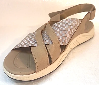 Босоножки Earth Spirit женские 11 желтовато-коричневые и серебристые тканая панель подушка плоский крючок и петля - Изображение 1 из 4