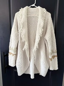 Solitaire Popcorn Knit Over sized Open Cardigan Sweater Cream Gold Fringe Large - Picture 1 of 8