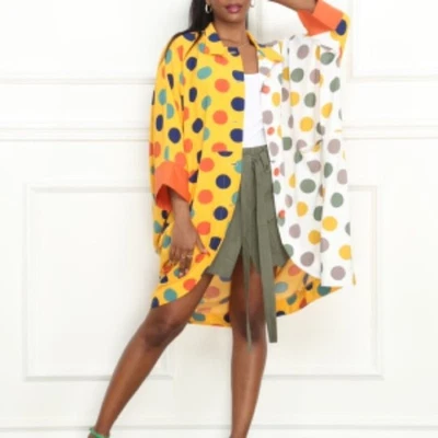 Luxe Moda Oversized Mustard White Polka Kimono Cardigan Shacket Cape OS One Size - Image 1 of 4