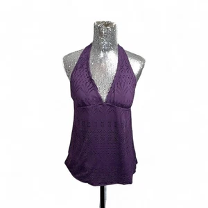 Y2K Eggplant Faux Eyelet Halter Empire Waist Stretch Top Small Boho Casual Party - Picture 1 of 6