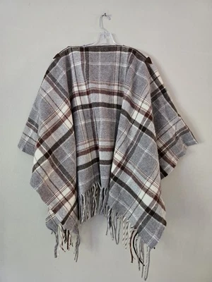 Ponch vintage Knockabouts by Pendleton de lana virgen con flecos a cuadros marrón tostado Foto 1 de 4