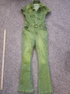 Juicy Couture 90s Y2K Kick Flare Stretch Denim Short Sleeve Jumpsuit size M  - Image 1 of 4