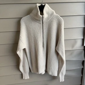 Everlane Pullover Damen M Half-Zip Ivory Rippstrickpullover Luxe Wolle FLECKEN - Bild 1 von 9
