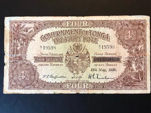 Scarce 1939 Tonga 4 Shillings Banknote Currency - Circulated - Picture 1 of 2