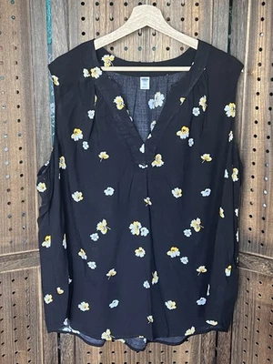 Старый темно-синий XXL черный желтый цветочный без рукавов V шеи блузка мягкий готический прихоть - Изображение 1 из 4