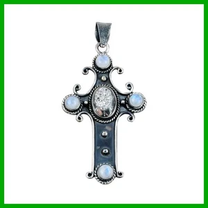 Natur Silber Titan Druzy Regenbogen Mondstein Boho Anhänger 925 Sterling Silber - Bild 1 von 7