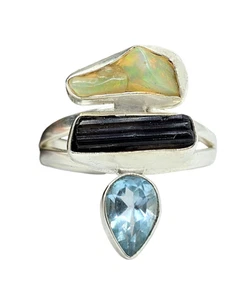 Opal, Black Tourmaline & Blue Topaz Ring, Sterling Silver, Rough Gemstones - Bild 1 von 10