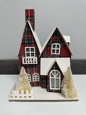 Glittered Light Up 10-1/2” Plaid Winter Putz House with Trees Christmas