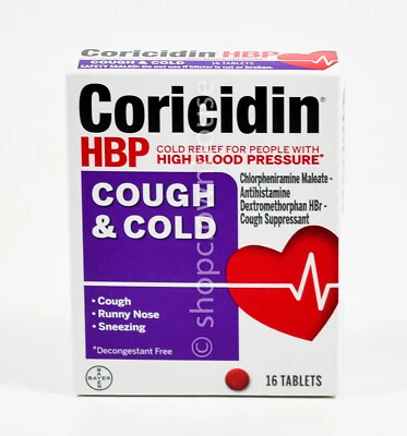 Coricidin HBP COUGH & COLD antihistamine cough suppressant 16 tablets 04/2026 - Image 1 of 2