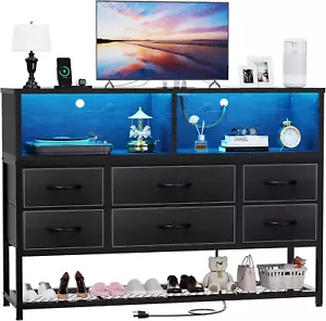 Black Dresser for Bedroom, 6 Drawers Led Dresser TV Stand with Power Outlets and - Picture 1 of 7
