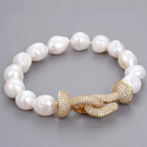Natural White Baroque Keshi Pearl Bracelet CZ Clasp Classic For Women 8" - Picture 1 of 6