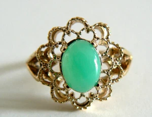 Hermoso Anillo Cabujón Calcedonia Vintage Oro Amarillo 10K Antiguo Patrimonio - Imagen 1 de 4