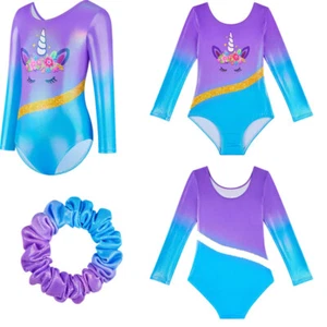 Girls Unitard Glitter Leotard Ballerina Jumpsuit Round Neck Activewear Modern - Picture 1 of 20