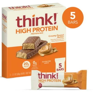 Think! Creamy Peanut Butter High Protein Bars, Gluten Free, 5 Count, 10.5 Oz - Picture 1 of 8