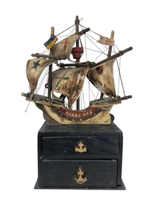 Vintage Japanese 2- Drawer Black Wooden Music Box with Spanish Ship on Top - Picture 1 of 5