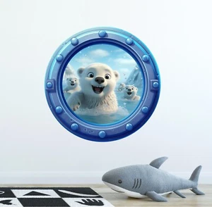 Little Polar Bears Cartoon Porthole 3D Window Wall Decal Arctic Ocean Wall Art - Picture 1 of 6