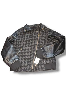 Steve Madden Jacket Girls Large Houndstooth Tweed Vegan Leather Moto  Bikercore - Picture 1 of 8